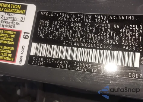 2025 Toyota Camry Le/Se/Xle/Xse из США, поврежденный, VIN 4T1DAACK6S4020178